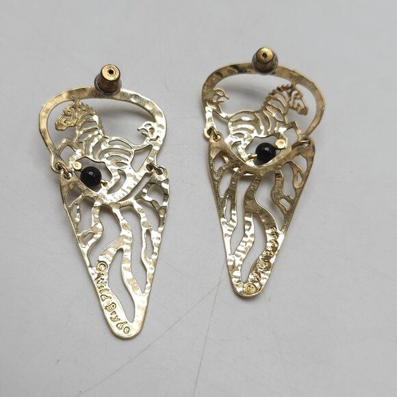 Gold Tone Wild Bryde Dangle Post Earrings With Black Onyx Accents Zebra Design - Picture 4 of 5